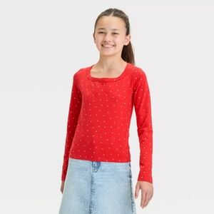 art class Red Long Sleeve Kids Tee with White Dots L (10-12)